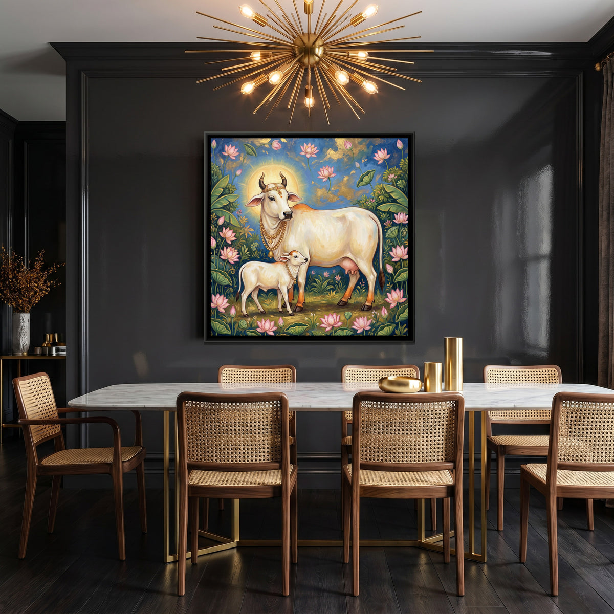 Kamadhenu Cow and Calf — canvas art shown in a styled room