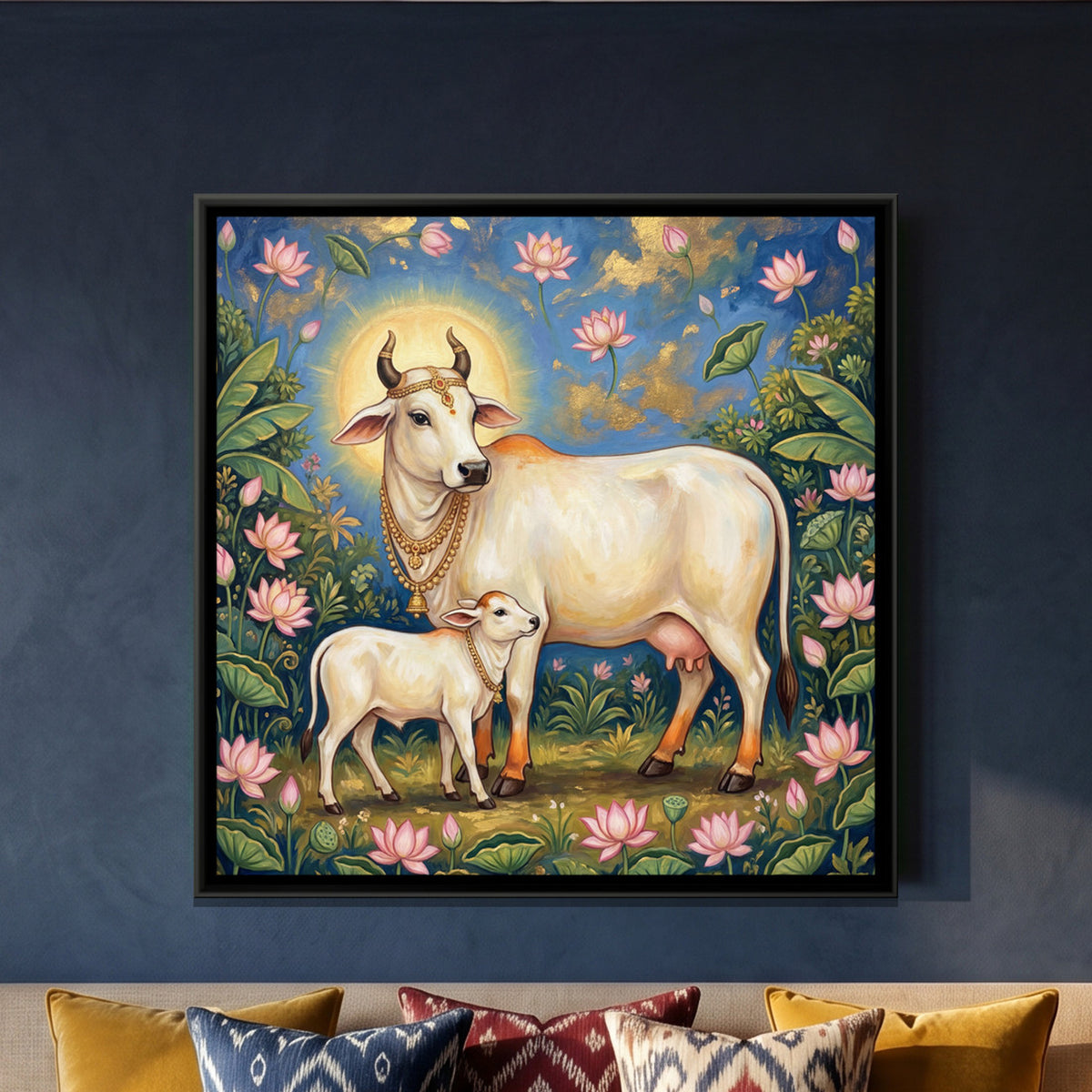 Kamadhenu Cow and Calf — framed canvas art hung on a wall