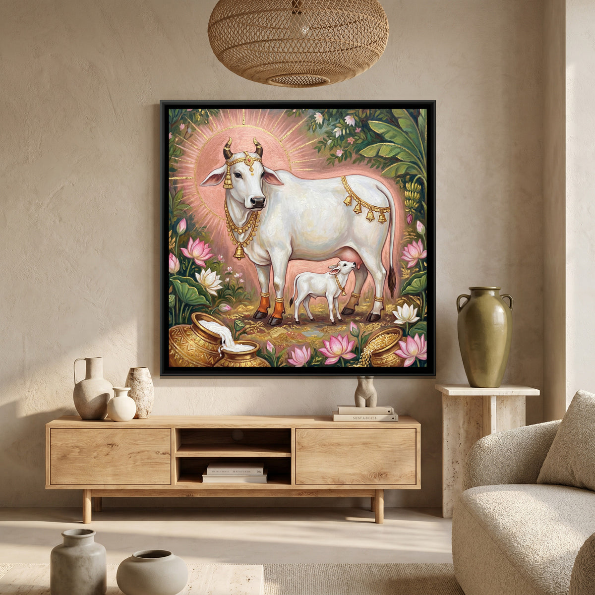 Kamadhenu Cow and Calf — canvas art shown in a styled room