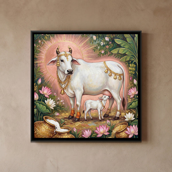 Kamadhenu Cow and Calf — framed canvas art hung on a wall