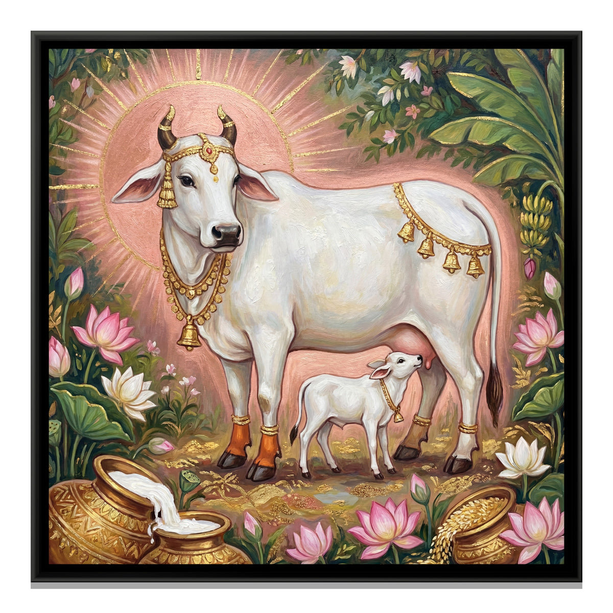 Kamadhenu Cow and Calf — framed canvas print, front view