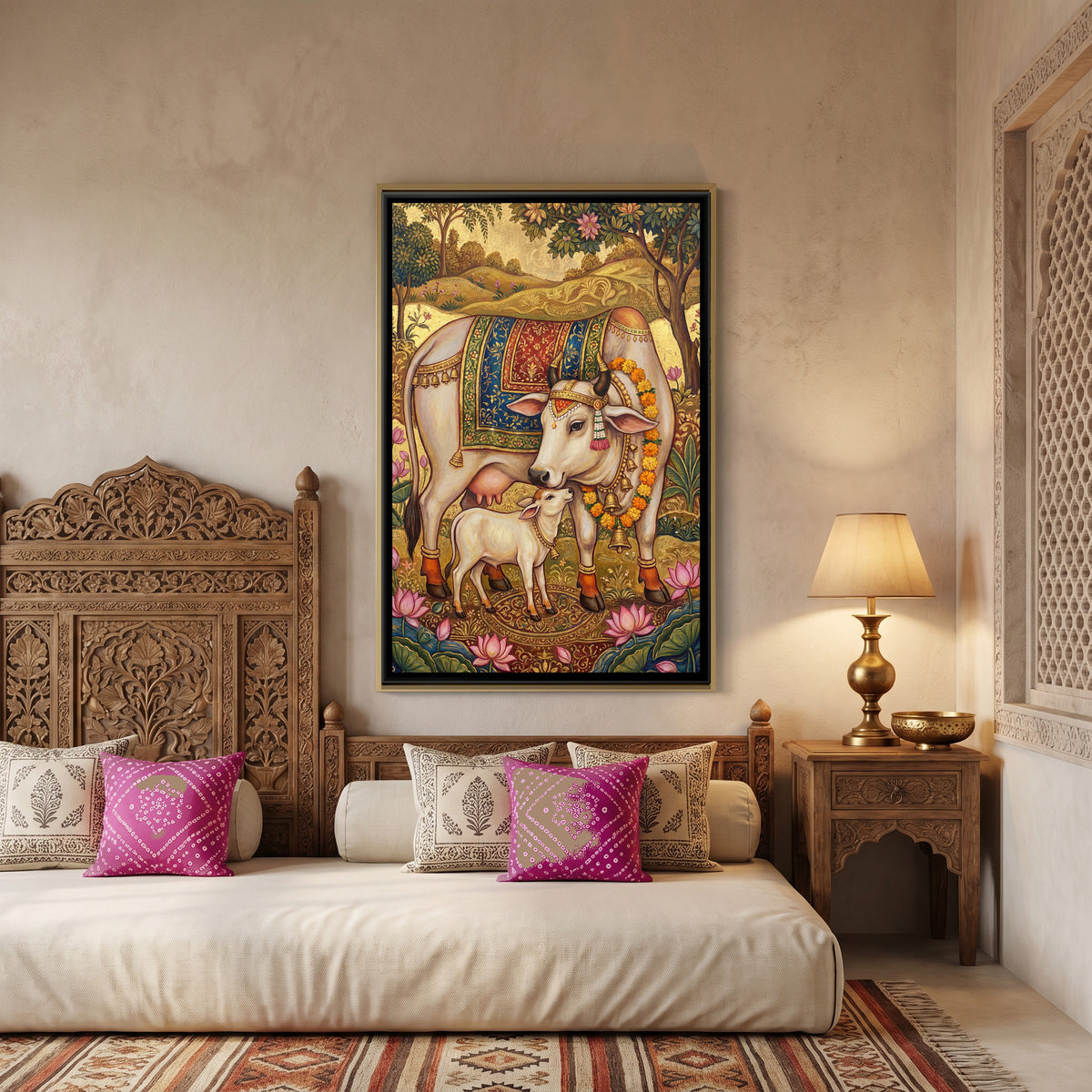 Kamadhenu Cow and Calf — canvas art shown in a second room setting