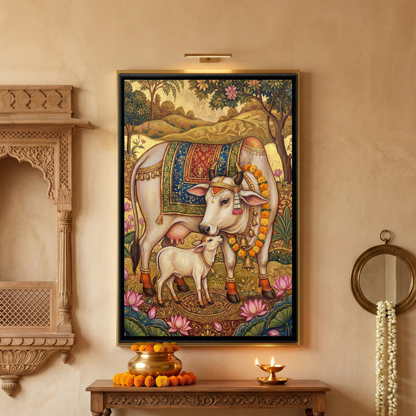Kamadhenu Cow and Calf — framed canvas art hung on a wall