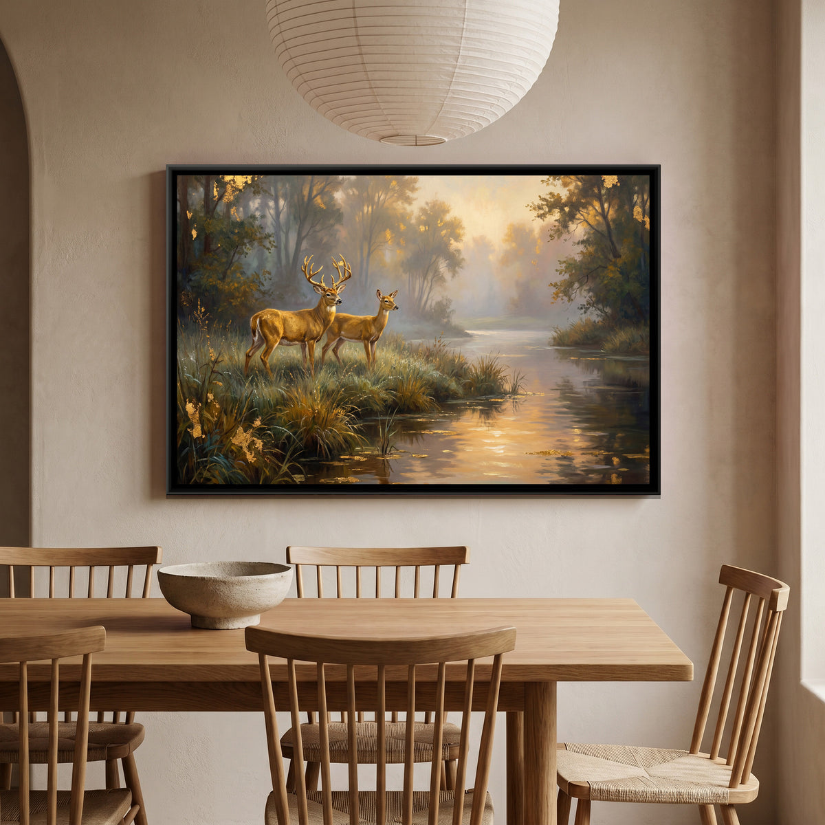 Golden Deer Pair — canvas art shown in a styled room