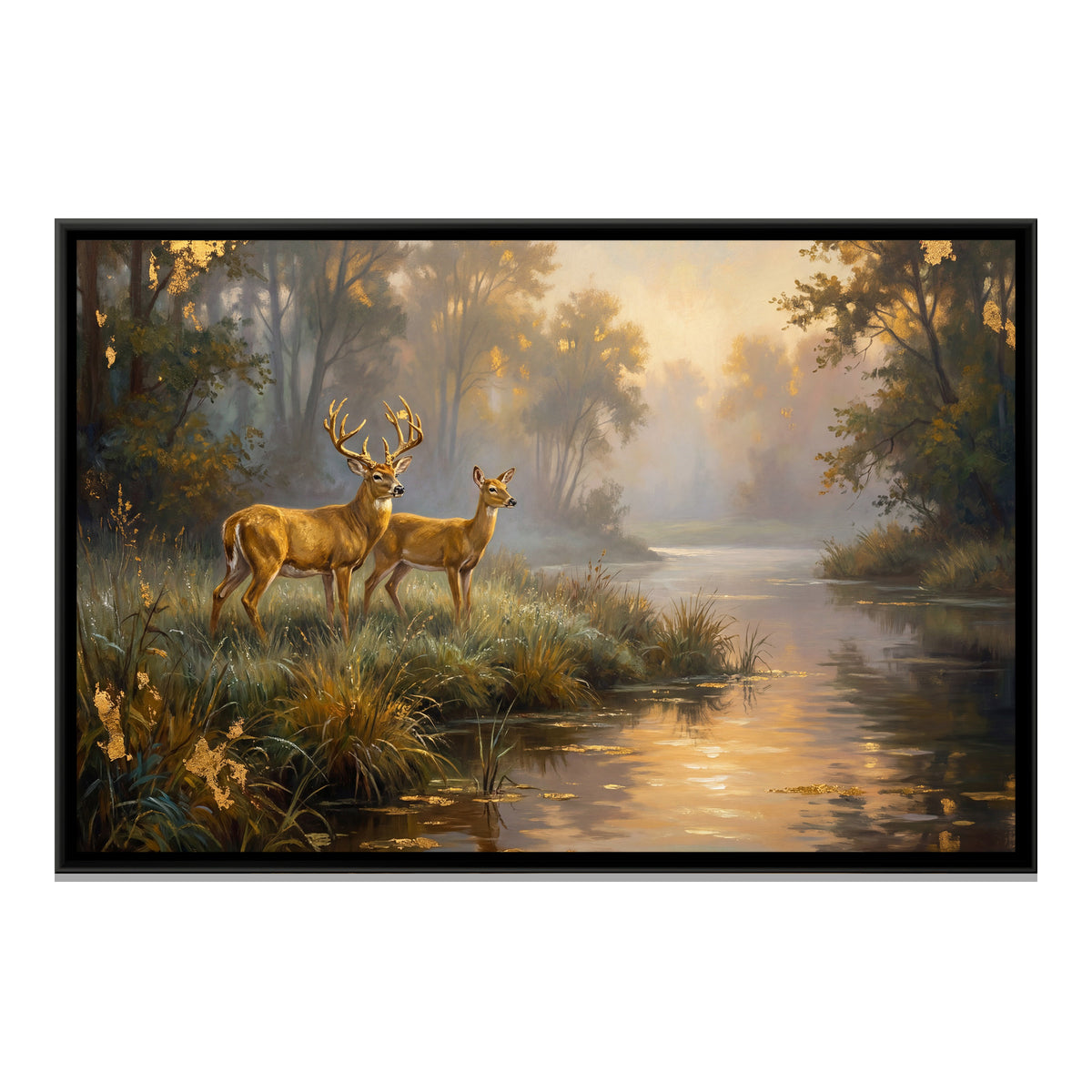 Golden Deer Pair — framed canvas print, front view
