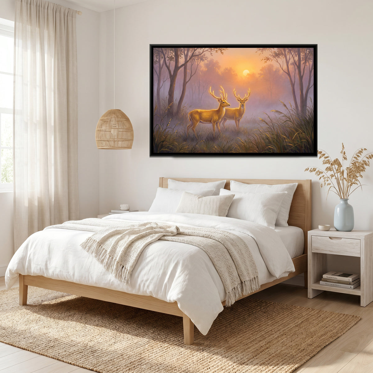 Golden Deer Pair — canvas art shown in a styled room