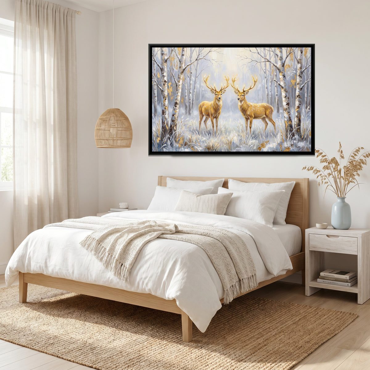 Golden Deer Pair — canvas art shown in a styled room