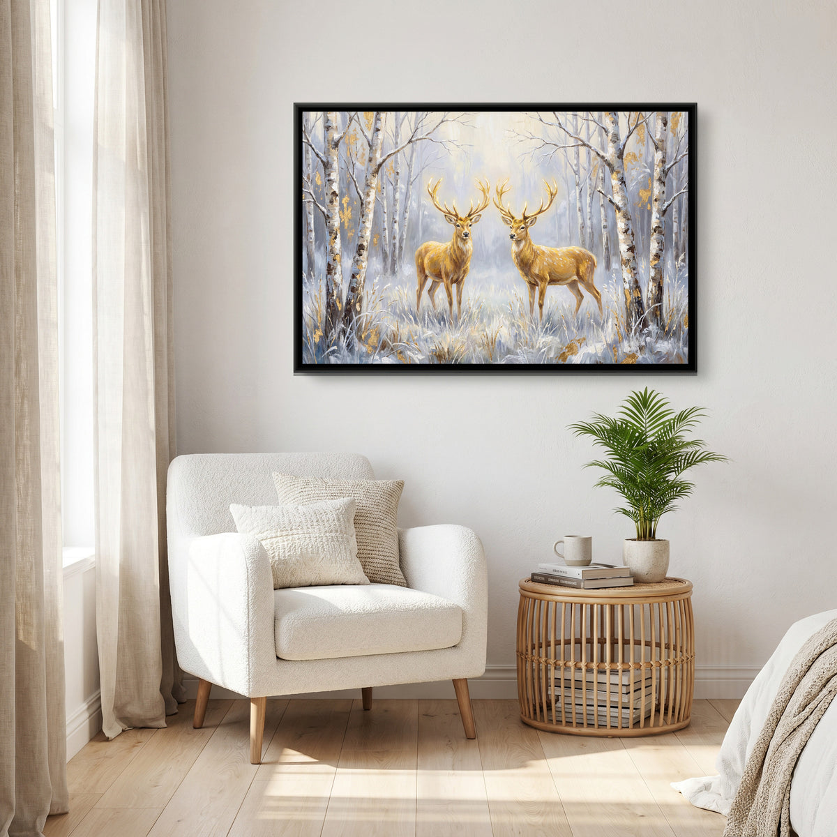 Golden Deer Pair — canvas art shown in a second room setting