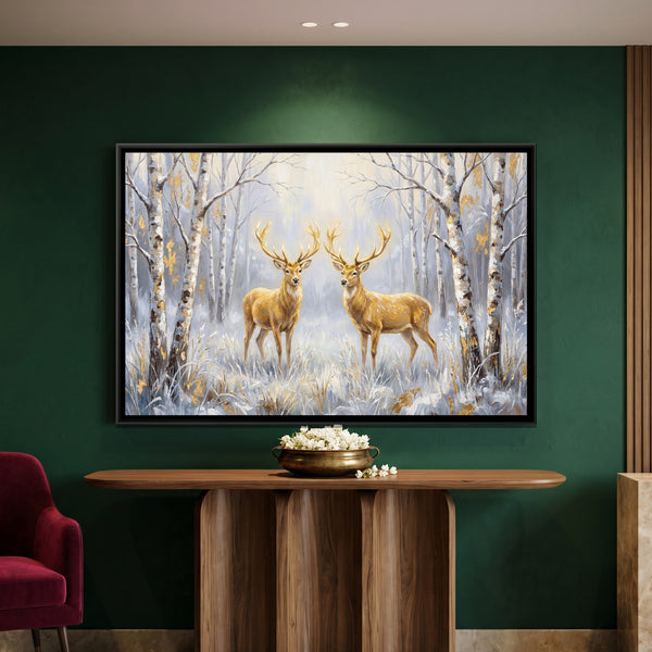 Golden Deer Pair — framed canvas art hung on a wall