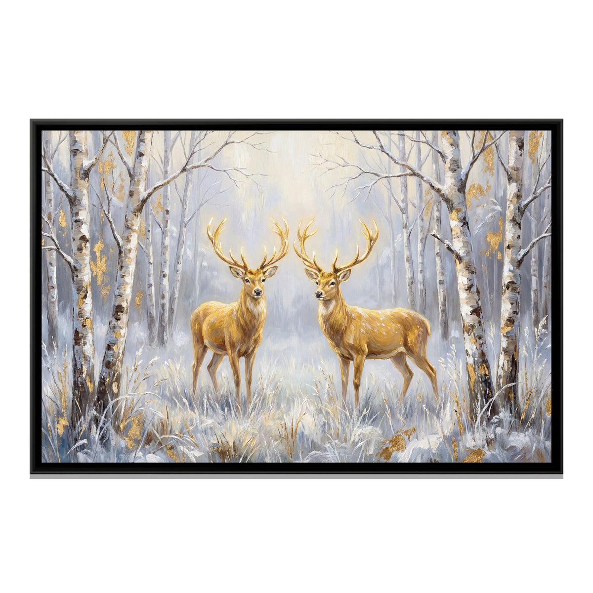 Golden Deer Pair — framed canvas print, front view