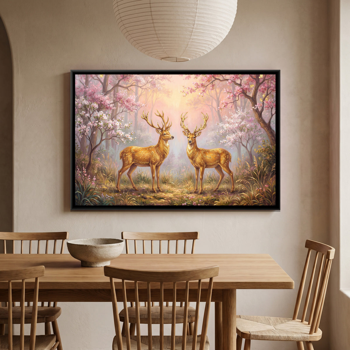 Golden Deer Pair — canvas art shown in a styled room