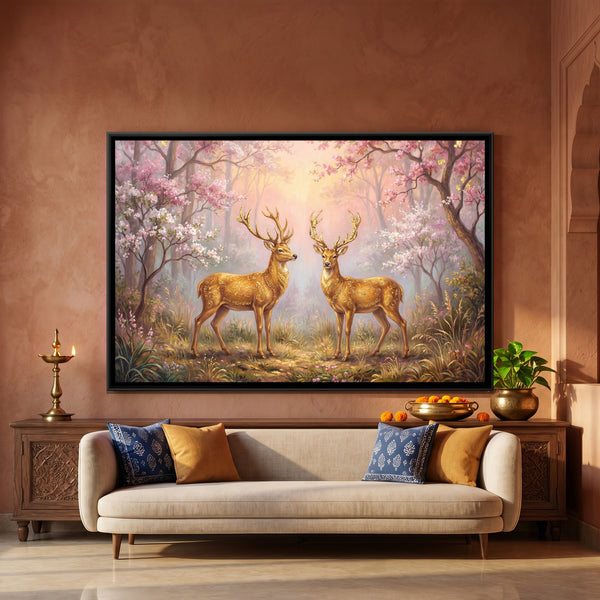Golden Deer Pair — framed canvas art hung on a wall