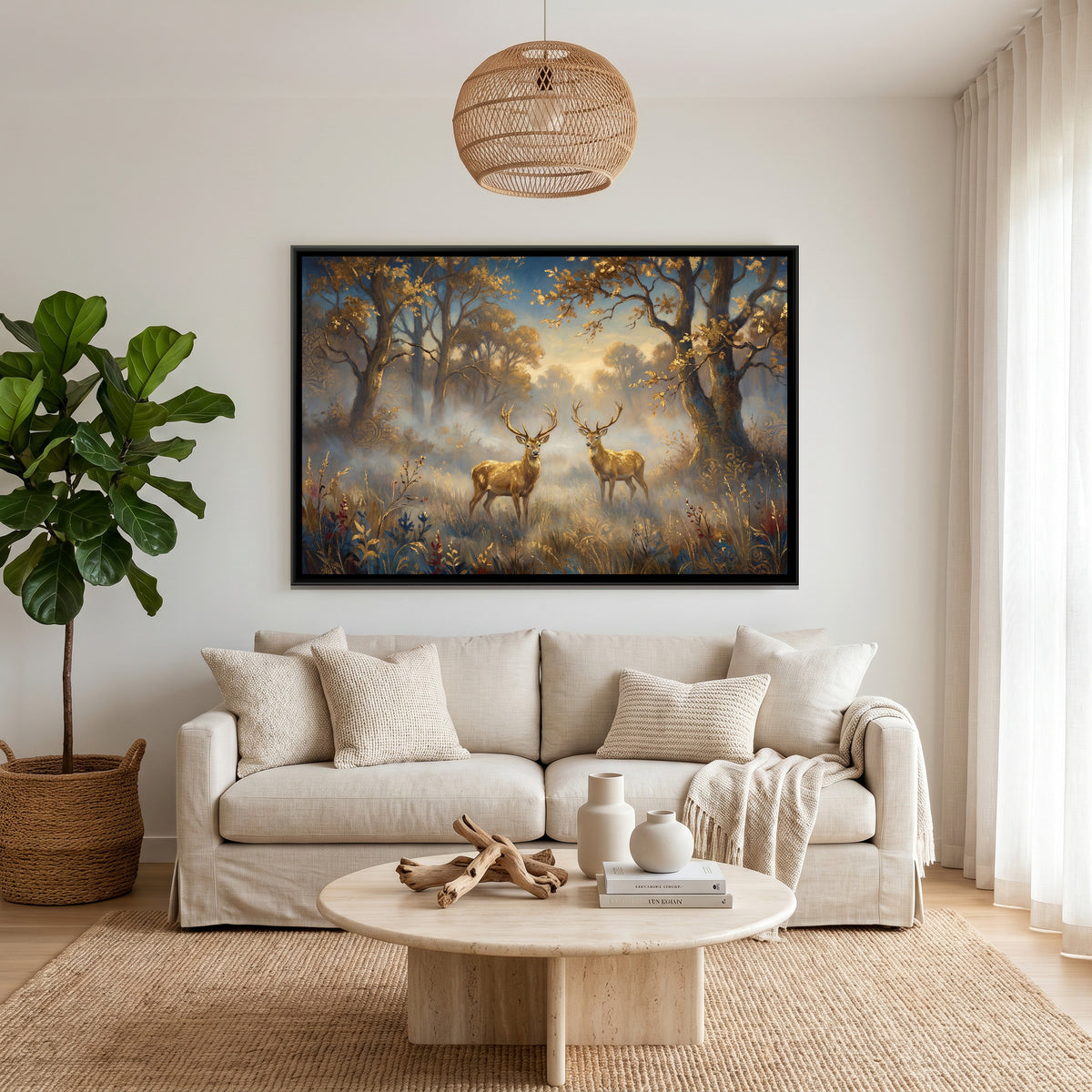 Golden Deer Pair — canvas art shown in a second room setting