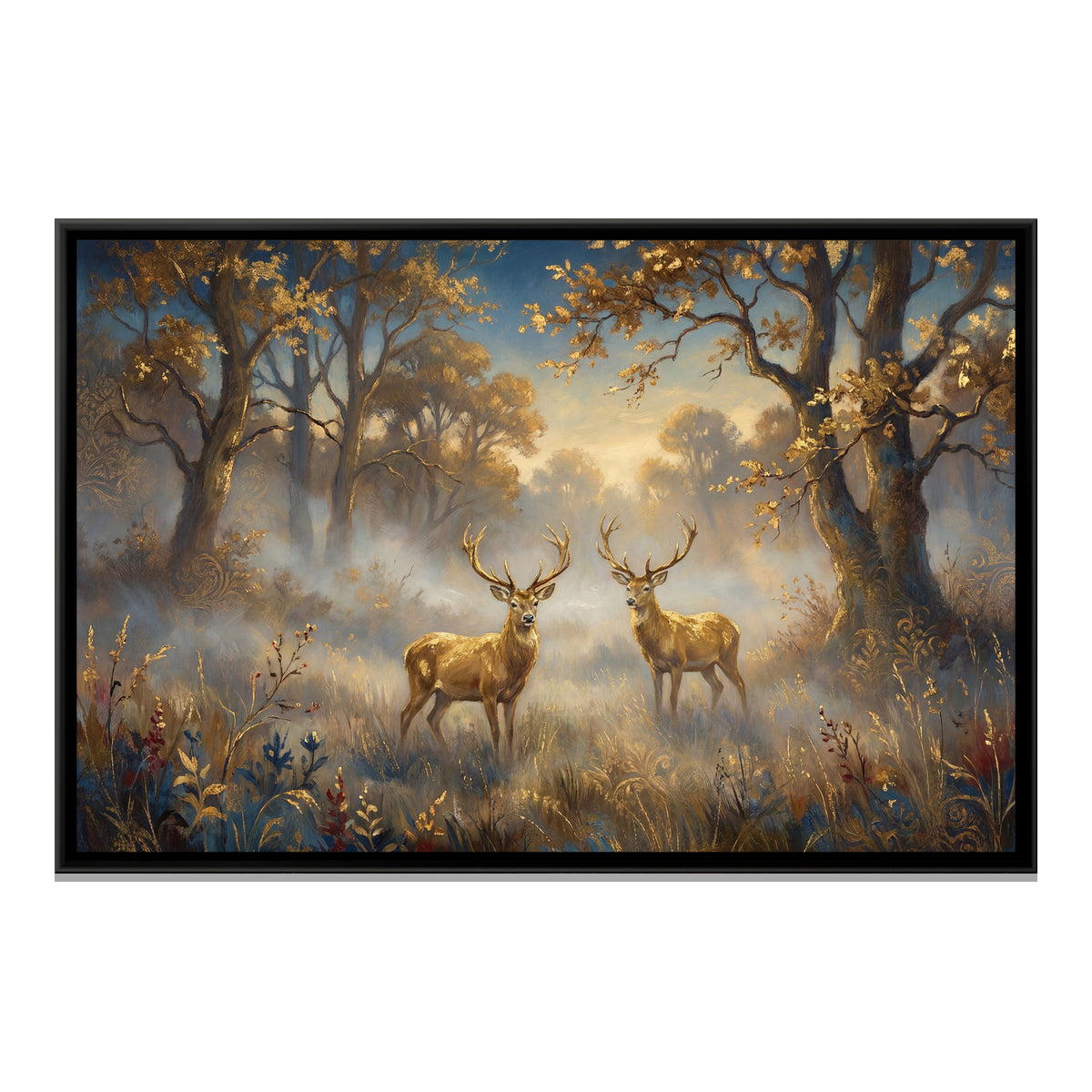 Golden Deer Pair — framed canvas print, front view