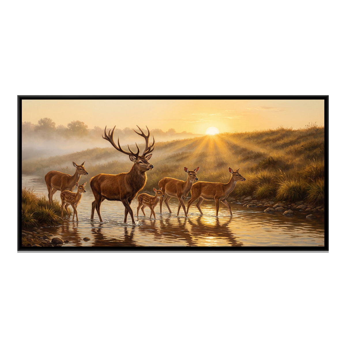 Deer at Sunrise — framed canvas print, front view