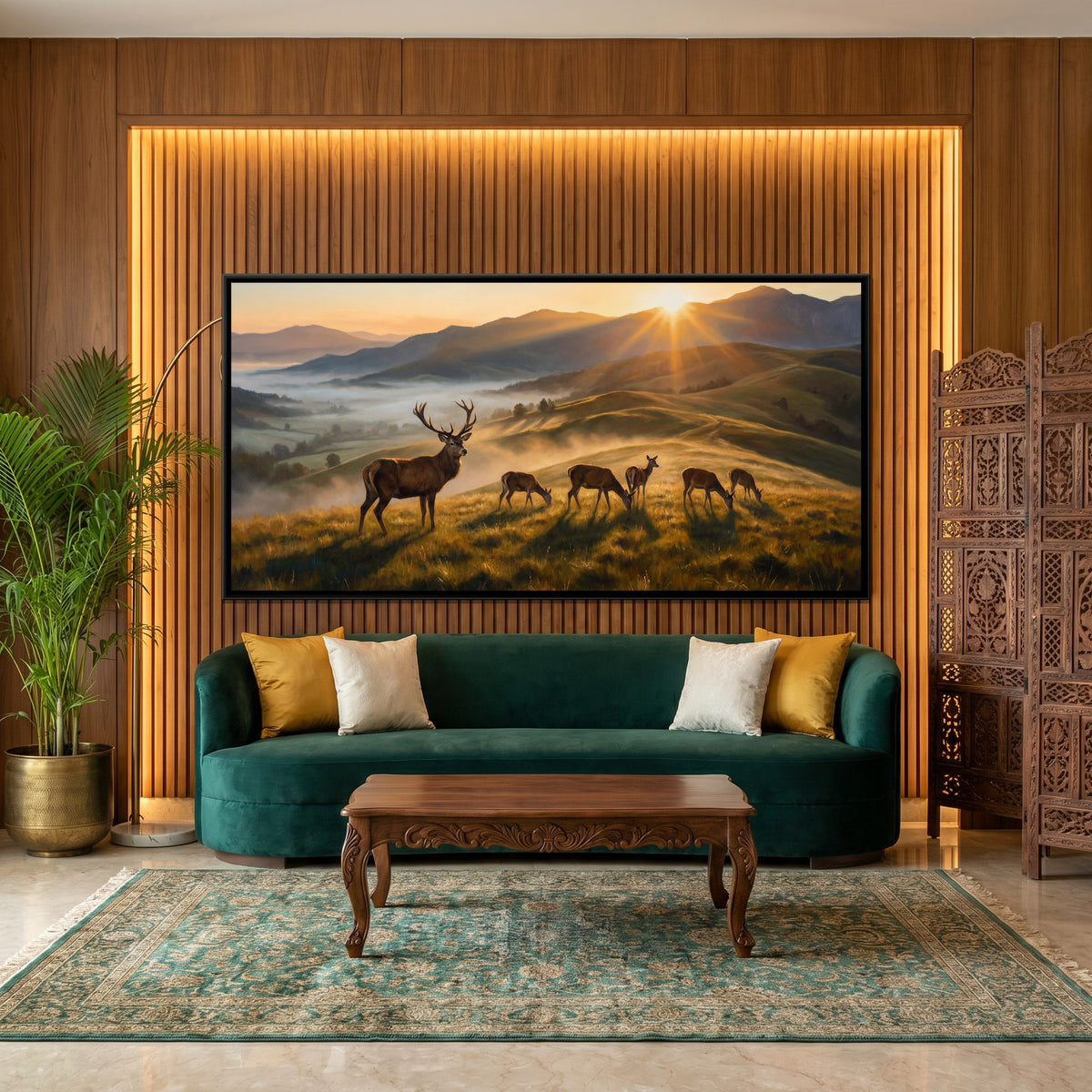 Deer at Sunrise — canvas art shown in a styled room