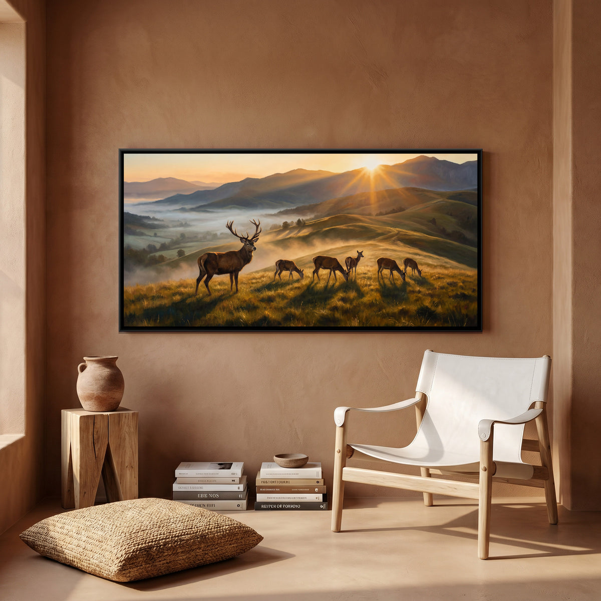 Deer at Sunrise — canvas art shown in a second room setting