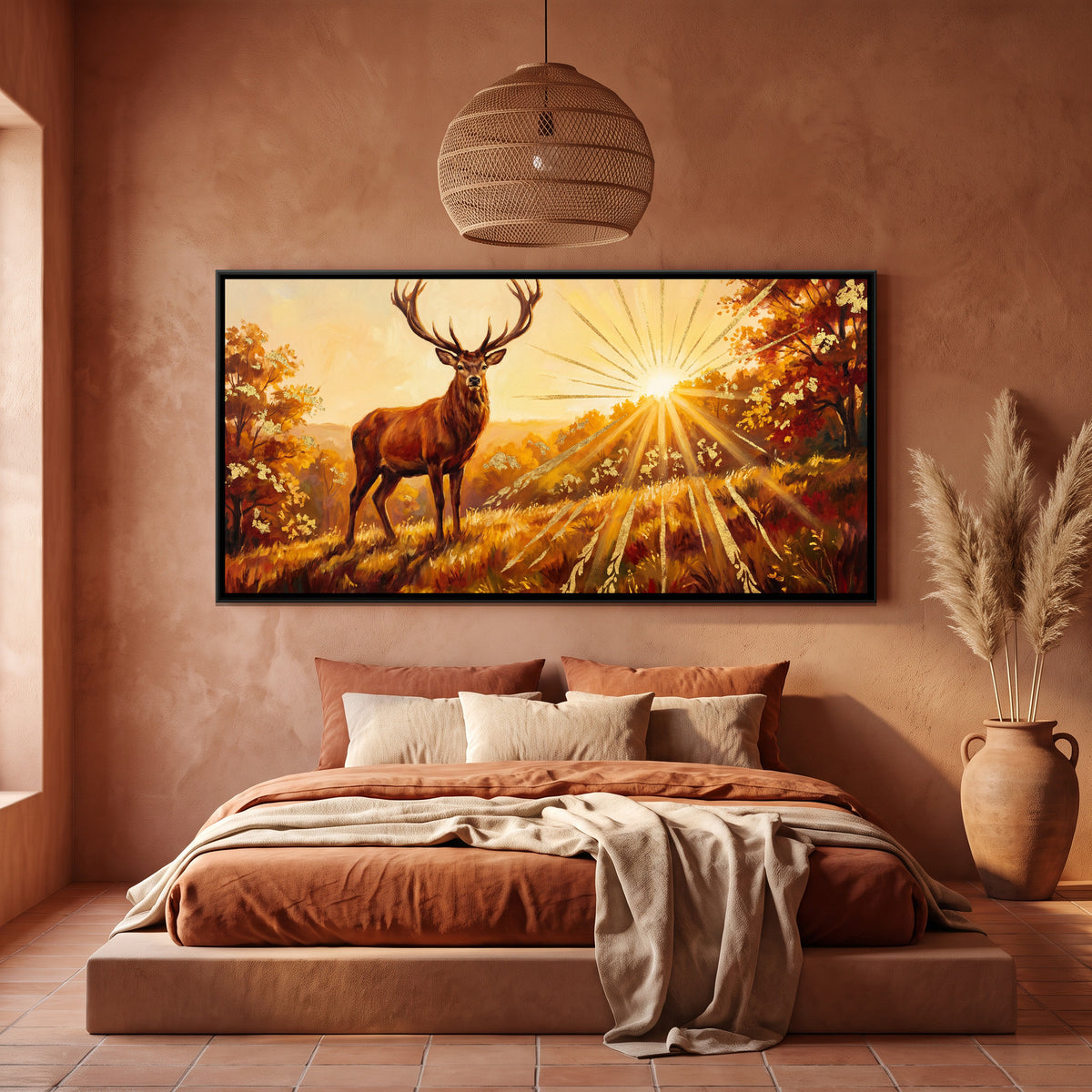 Stag at Sunrise — canvas art shown in a styled room