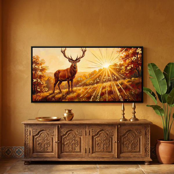 Stag at Sunrise — framed canvas art hung on a wall