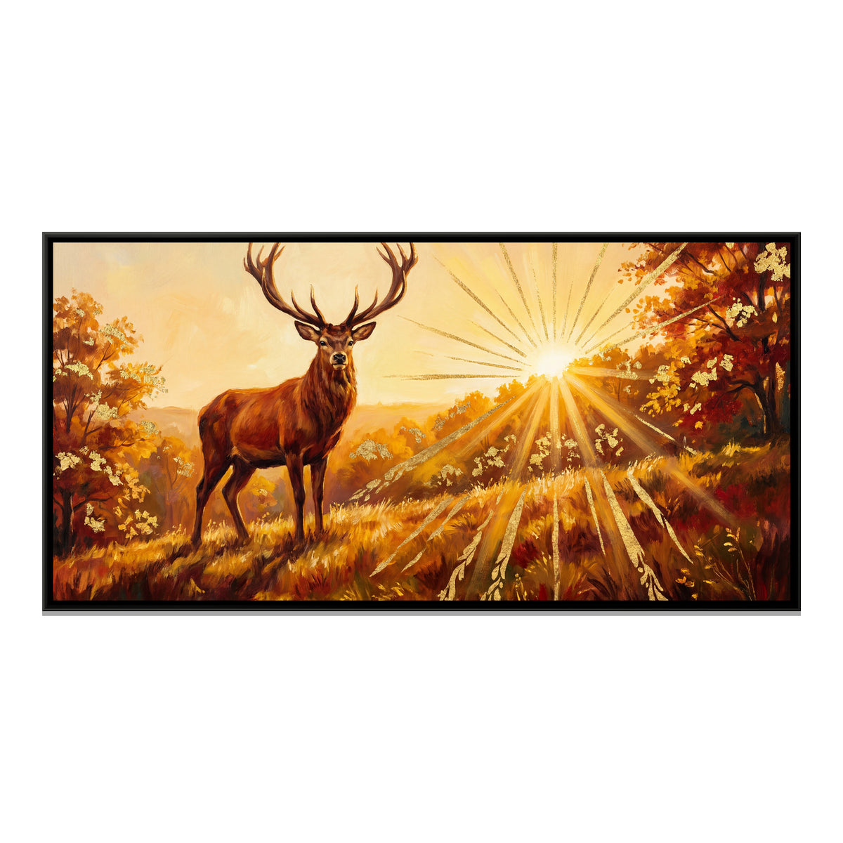 Stag at Sunrise — framed canvas print, front view