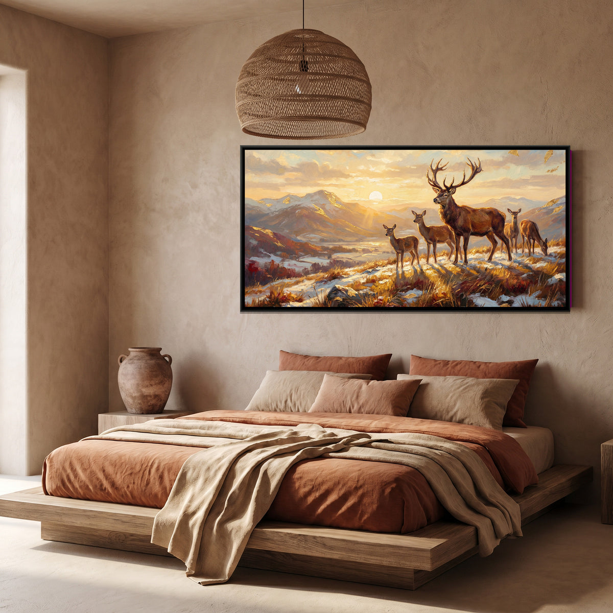 Stag at Sunrise — canvas art shown in a styled room