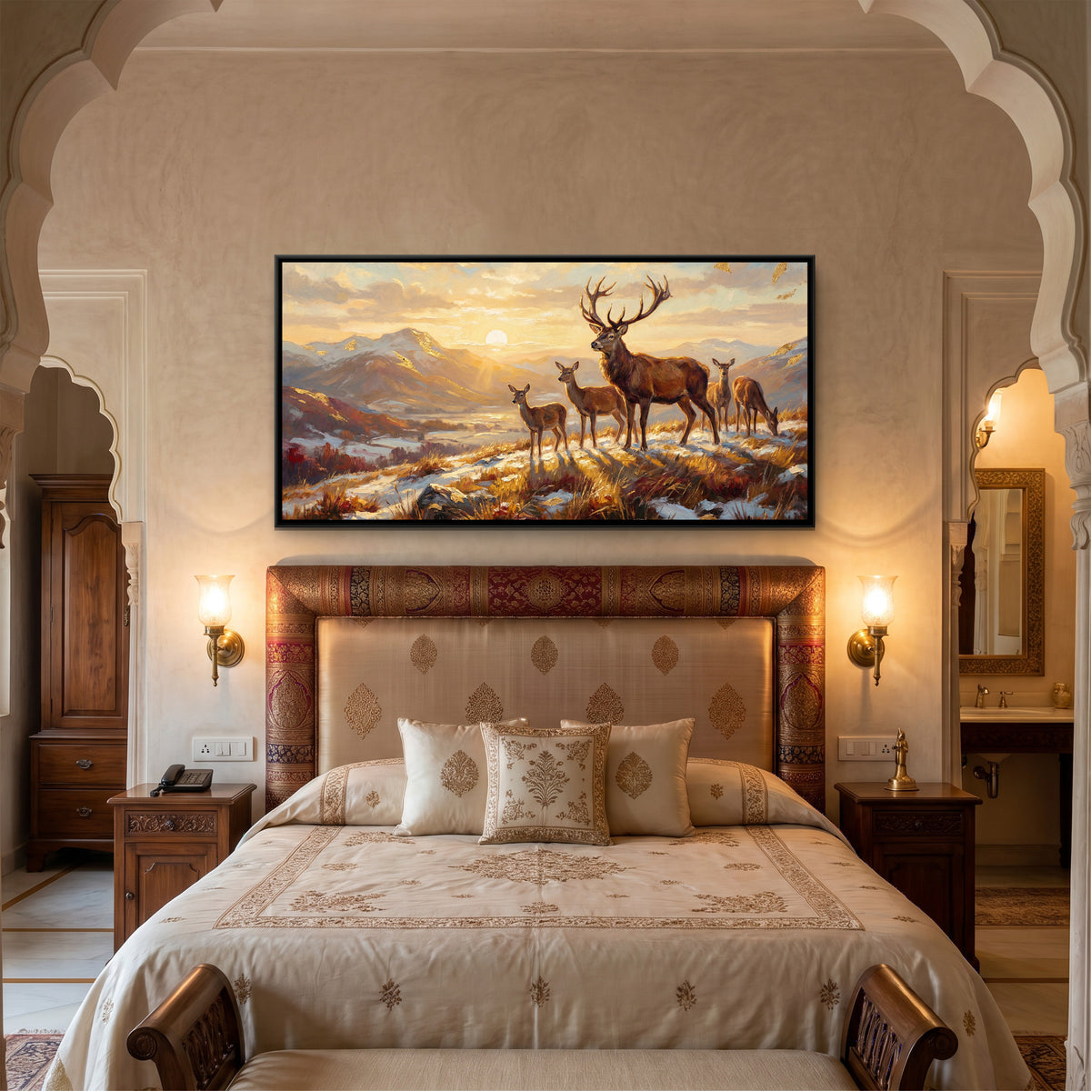 Stag at Sunrise — canvas art shown in a second room setting