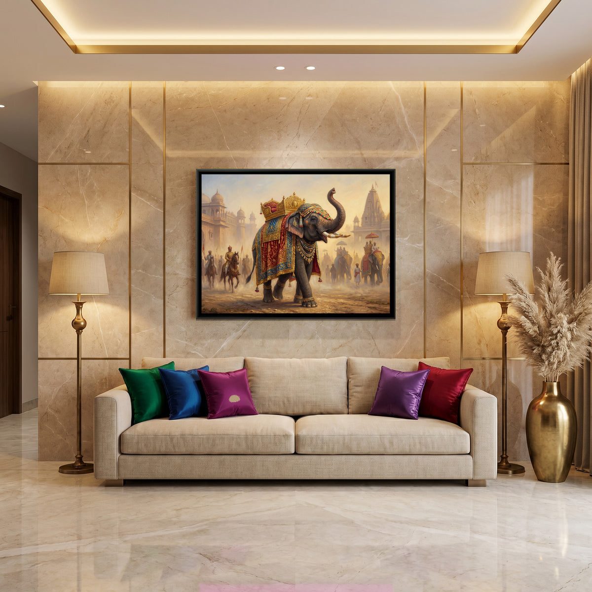 Mughal Elephant — canvas art shown in a styled room
