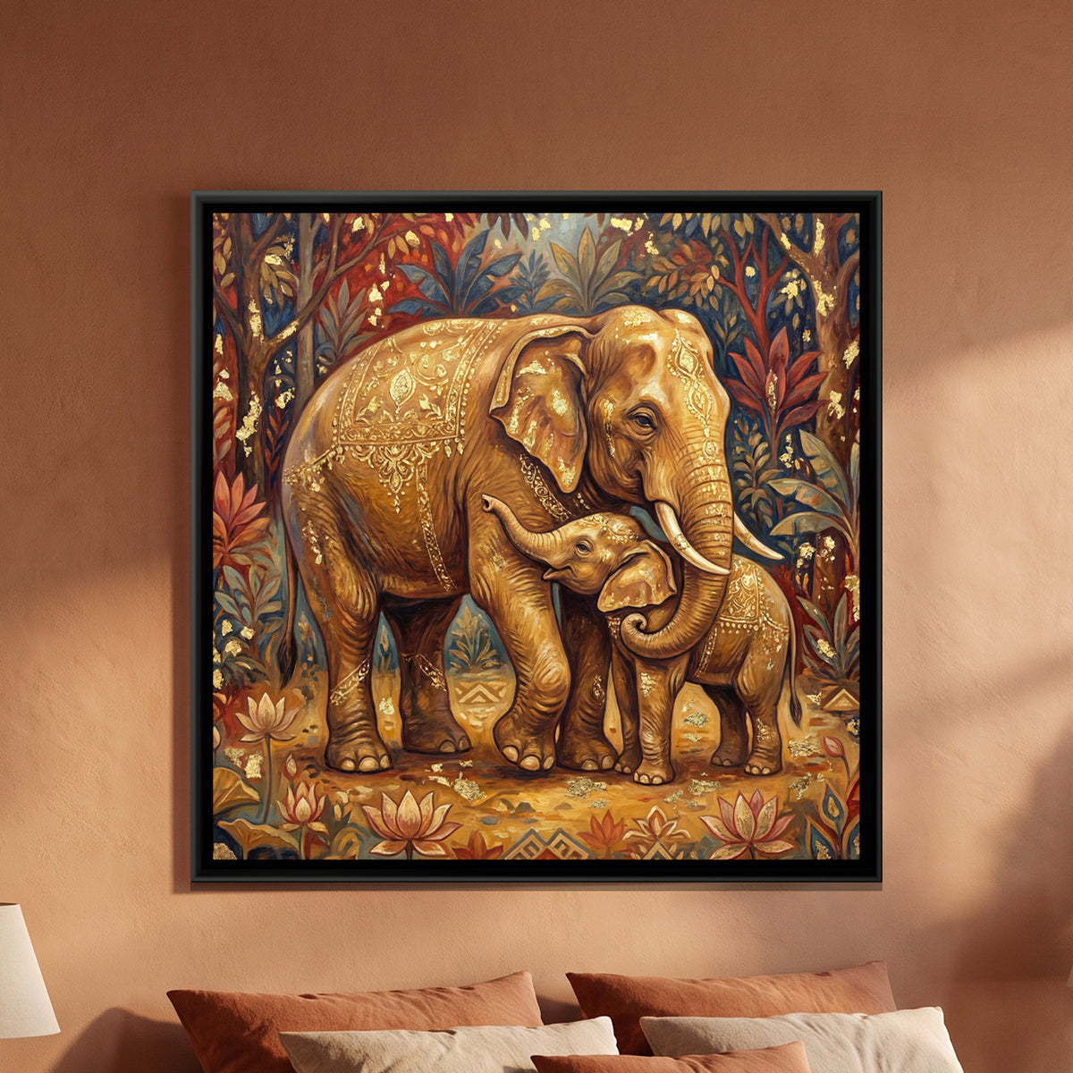Elephant and Calf — framed canvas art hung on a wall