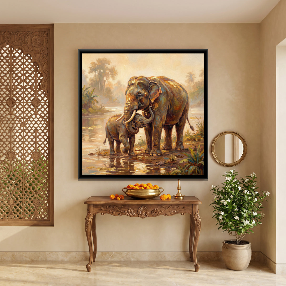 Mother and Baby Elephant — canvas art shown in a styled room