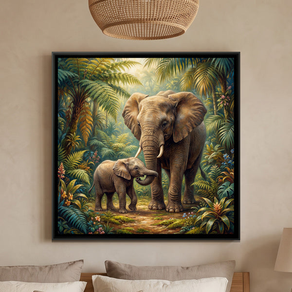 Mother and Baby Elephant — framed canvas art hung on a wall