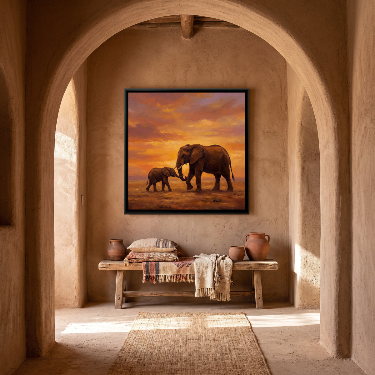 Mother and Baby Elephant — canvas art shown in a second room setting