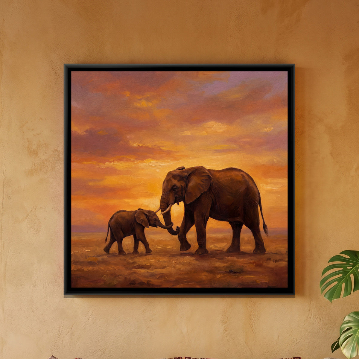 Mother and Baby Elephant — framed canvas art hung on a wall