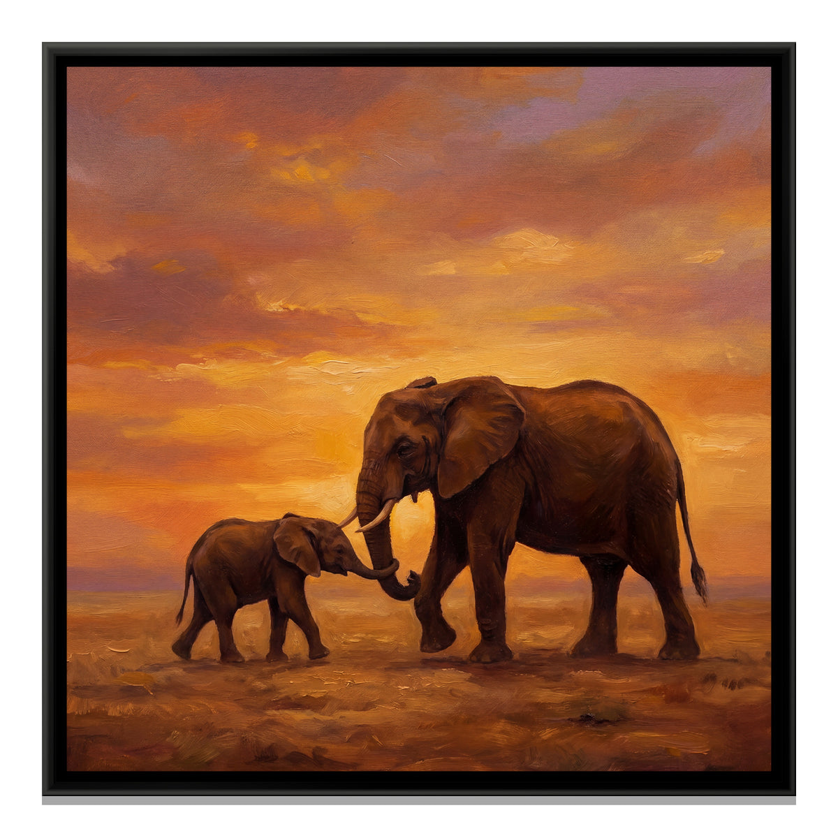 Mother and Baby Elephant — framed canvas print, front view
