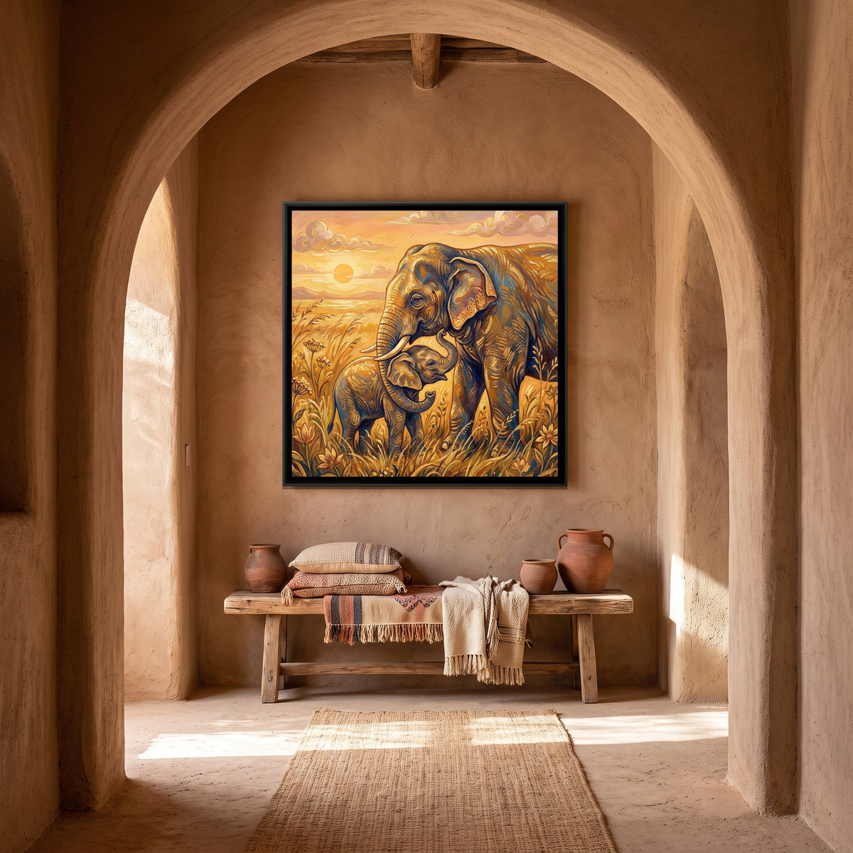 Mother and Baby Elephant — canvas art shown in a second room setting