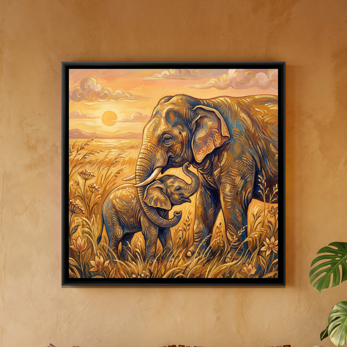 Mother and Baby Elephant — framed canvas art hung on a wall