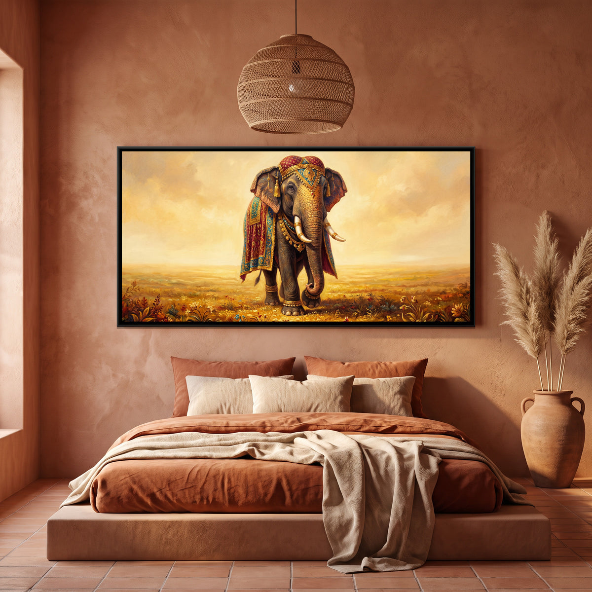 Elephant Procession — canvas art shown in a styled room