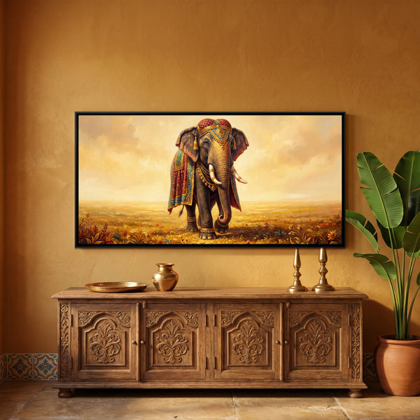 Elephant Procession — framed canvas art hung on a wall