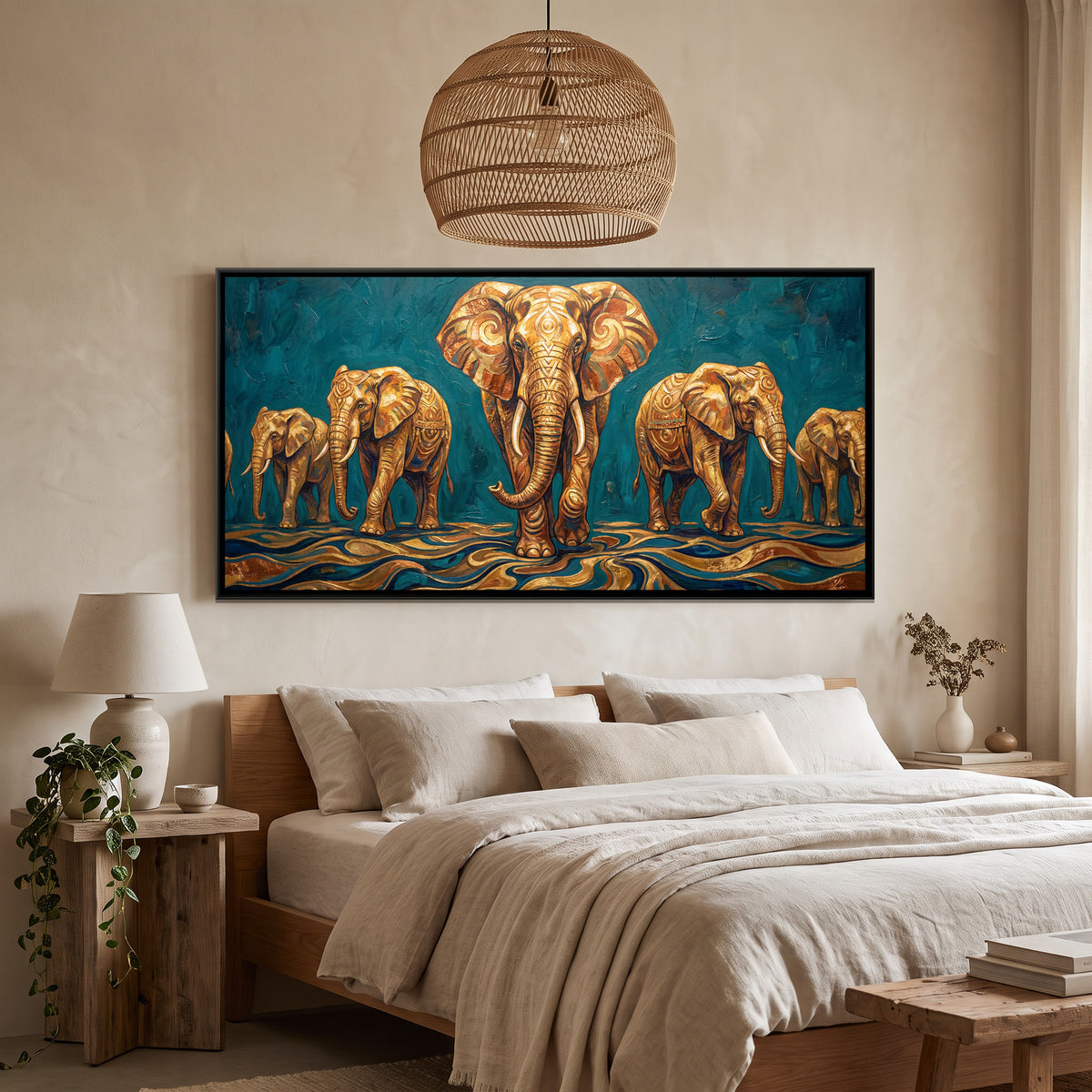 Elephant Procession — canvas art shown in a styled room