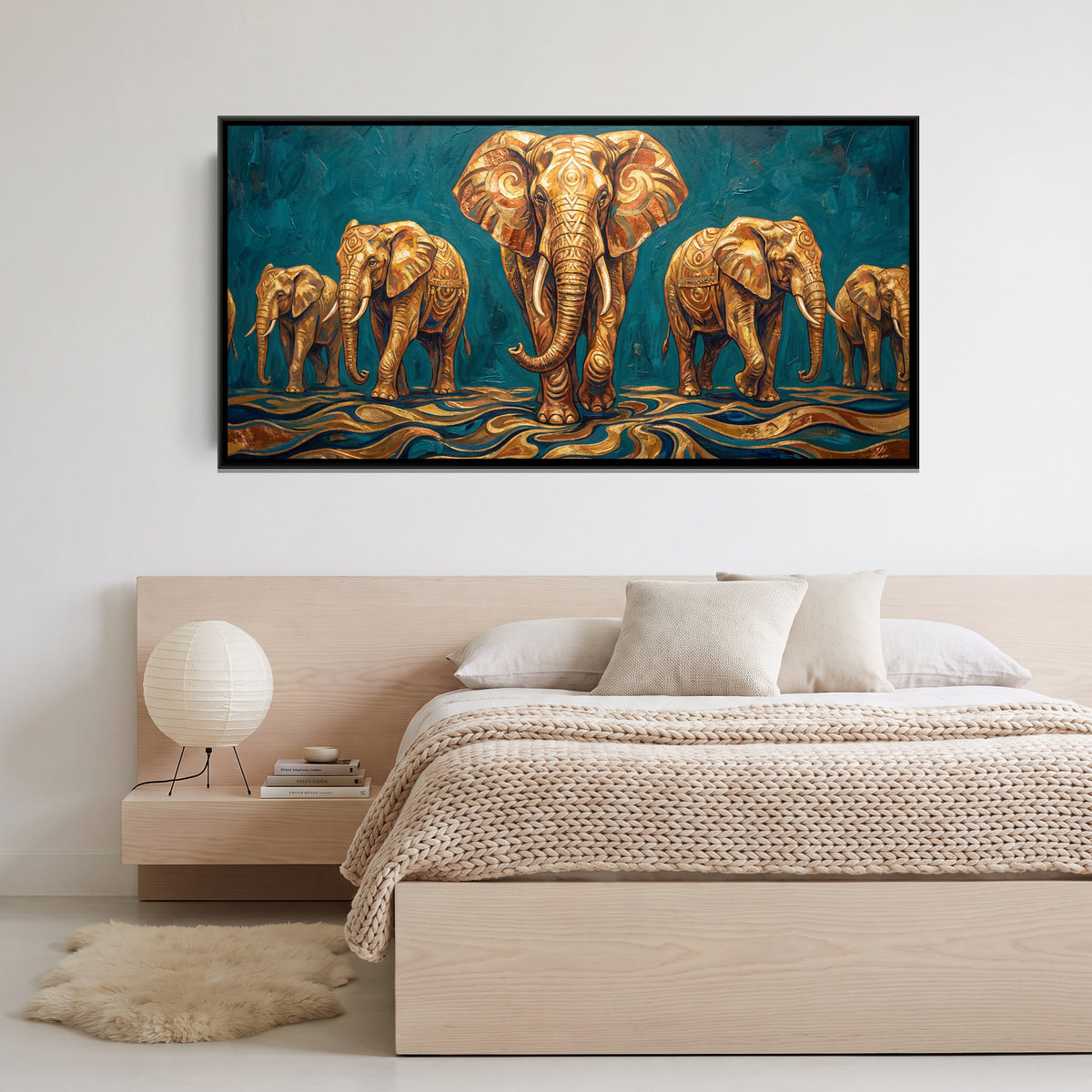 Elephant Procession — canvas art shown in a second room setting