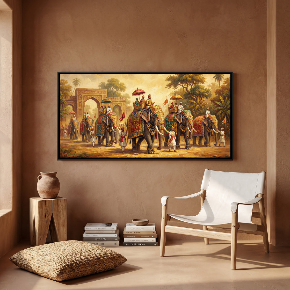 Elephant Procession — canvas art shown in a second room setting