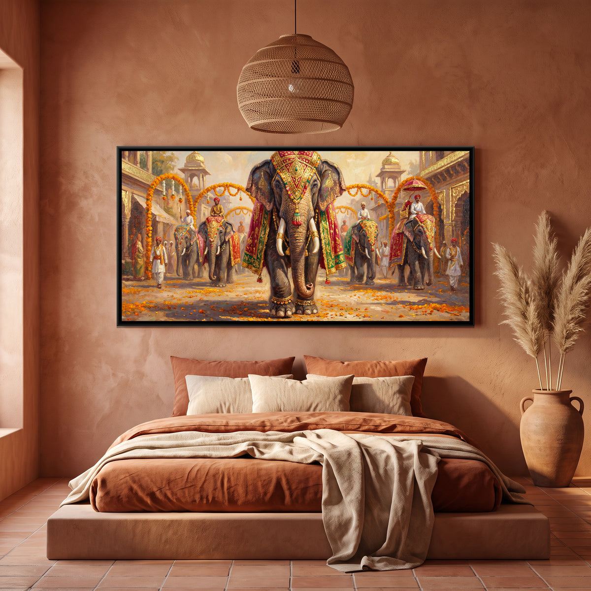 Decorated Elephant — canvas art shown in a styled room