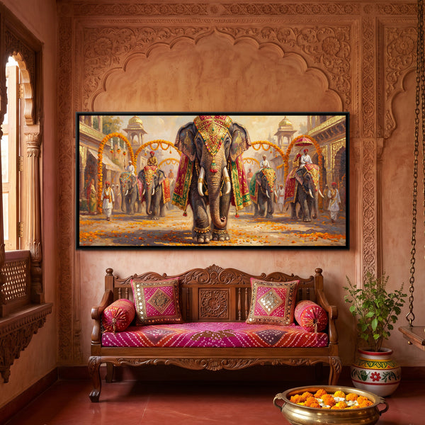Decorated Elephant — framed canvas art hung on a wall