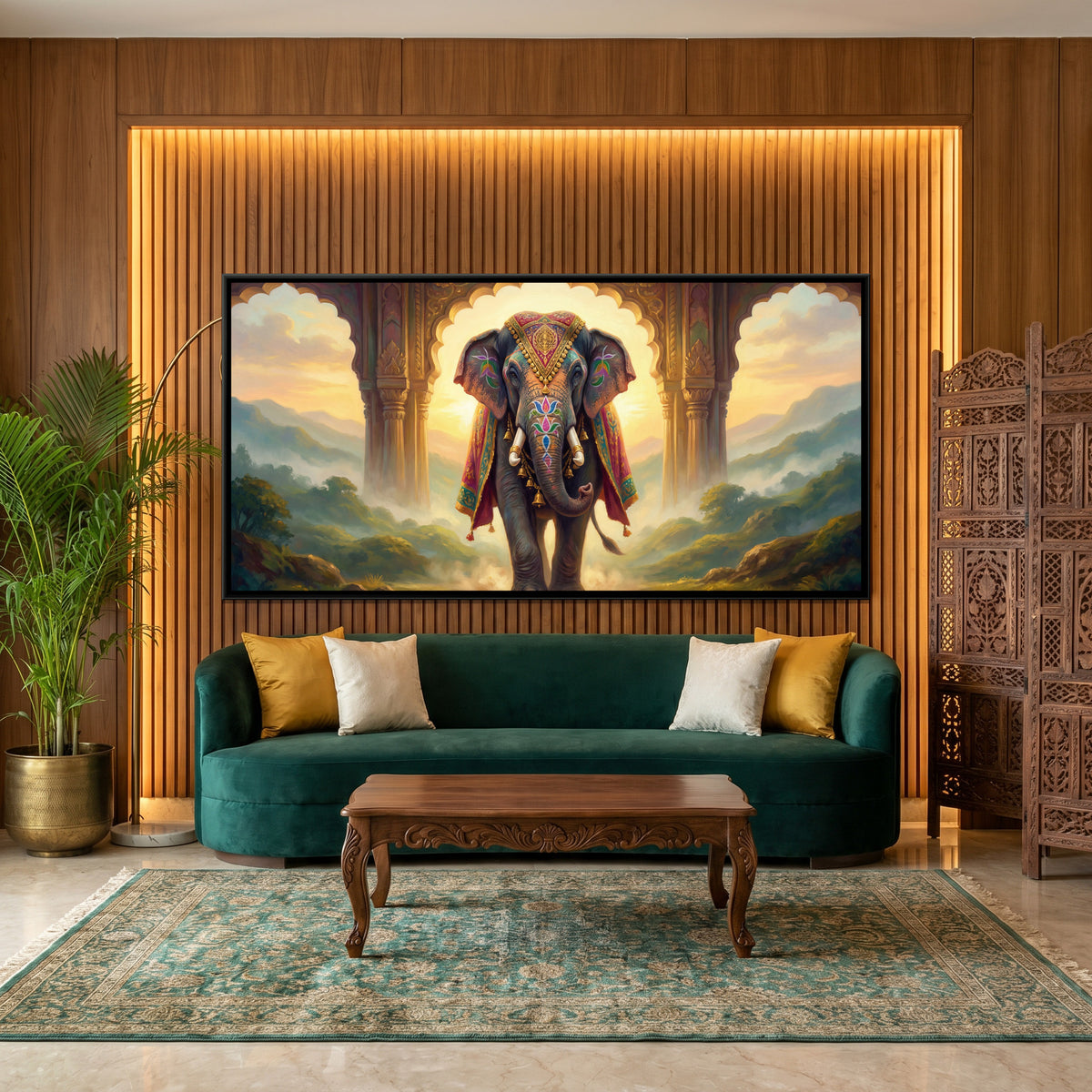 Decorated Elephant — canvas art shown in a styled room