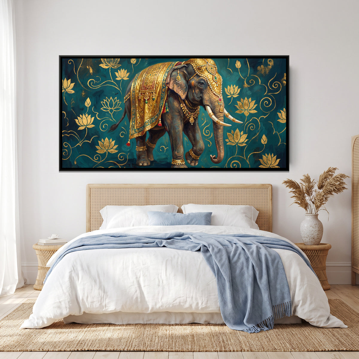 Decorated Elephant — canvas art shown in a styled room
