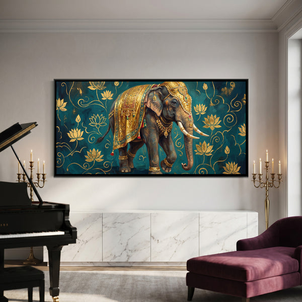 Decorated Elephant — framed canvas art hung on a wall