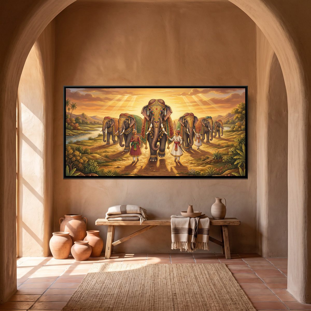Decorated Elephant — canvas art shown in a styled room