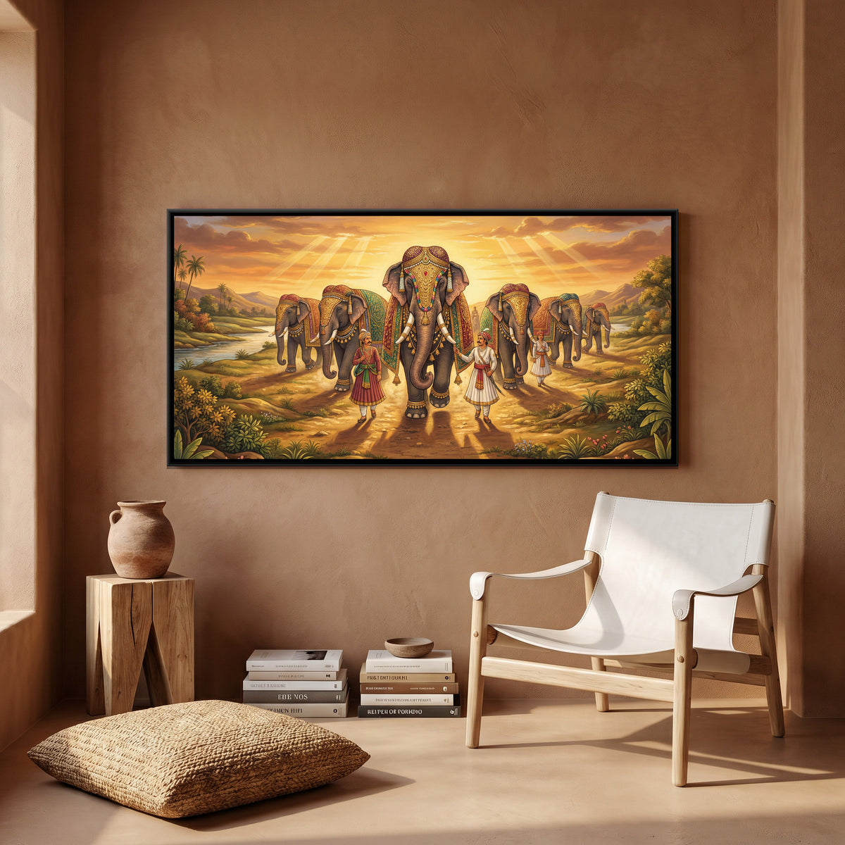 Decorated Elephant — canvas art shown in a second room setting