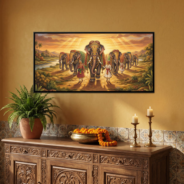 Decorated Elephant — framed canvas art hung on a wall