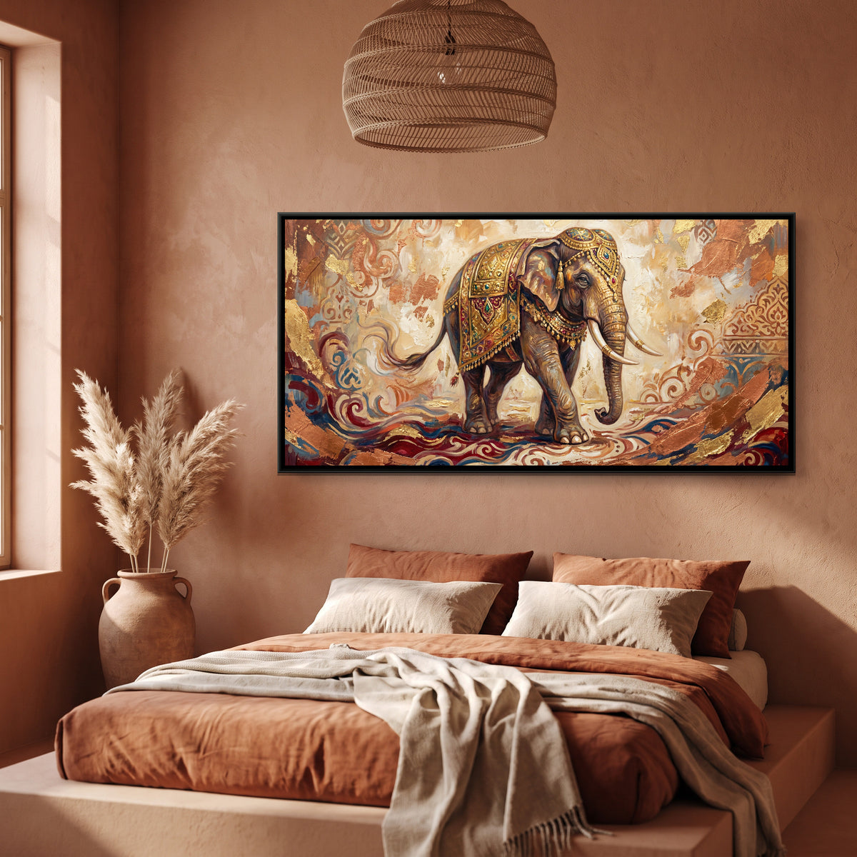 Gold Elephant — canvas art shown in a styled room