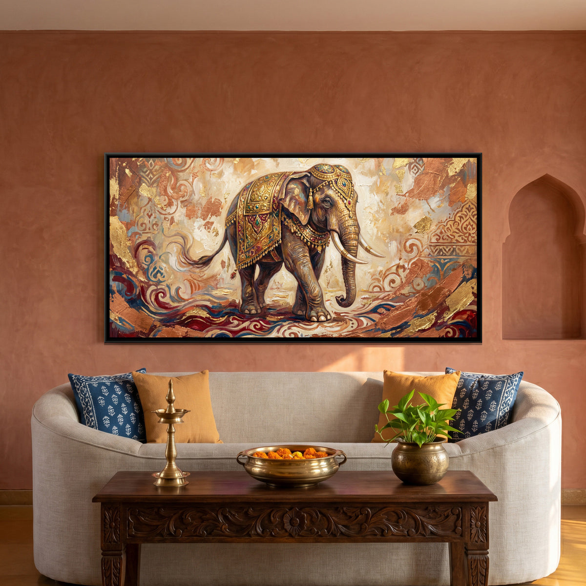 Gold Elephant — framed canvas art hung on a wall